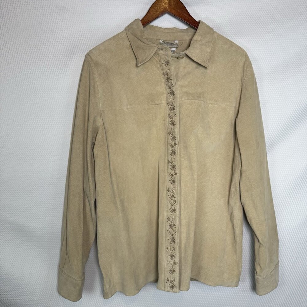 VTG Coldwater Creek XLarge Genuine Suede Embroidered Button Front Jacket Tan
